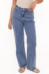 Kendall Straight Leg Jeans - Embroidery Medium Wash