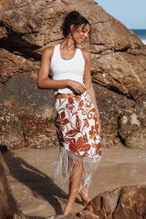 Shelby Midi Fringe Skirt - Brown Floral