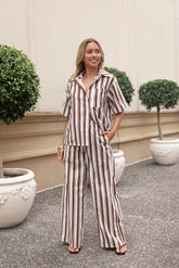 Thalia Wide Leg Pant - Chocolate Stripe