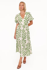Steele Puff Sleeve Midi Dress - Green Palm