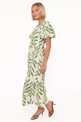 Steele Puff Sleeve Midi Dress - Green Palm