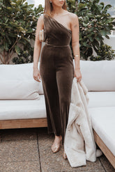 Xita Velvet One Shoulder Jumpsuit - Olive