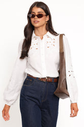 Aeloria Button Front Shirt - White Embroidery