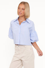 Zella Puff Sleeve Button Up Shirt - Blue White Stripe