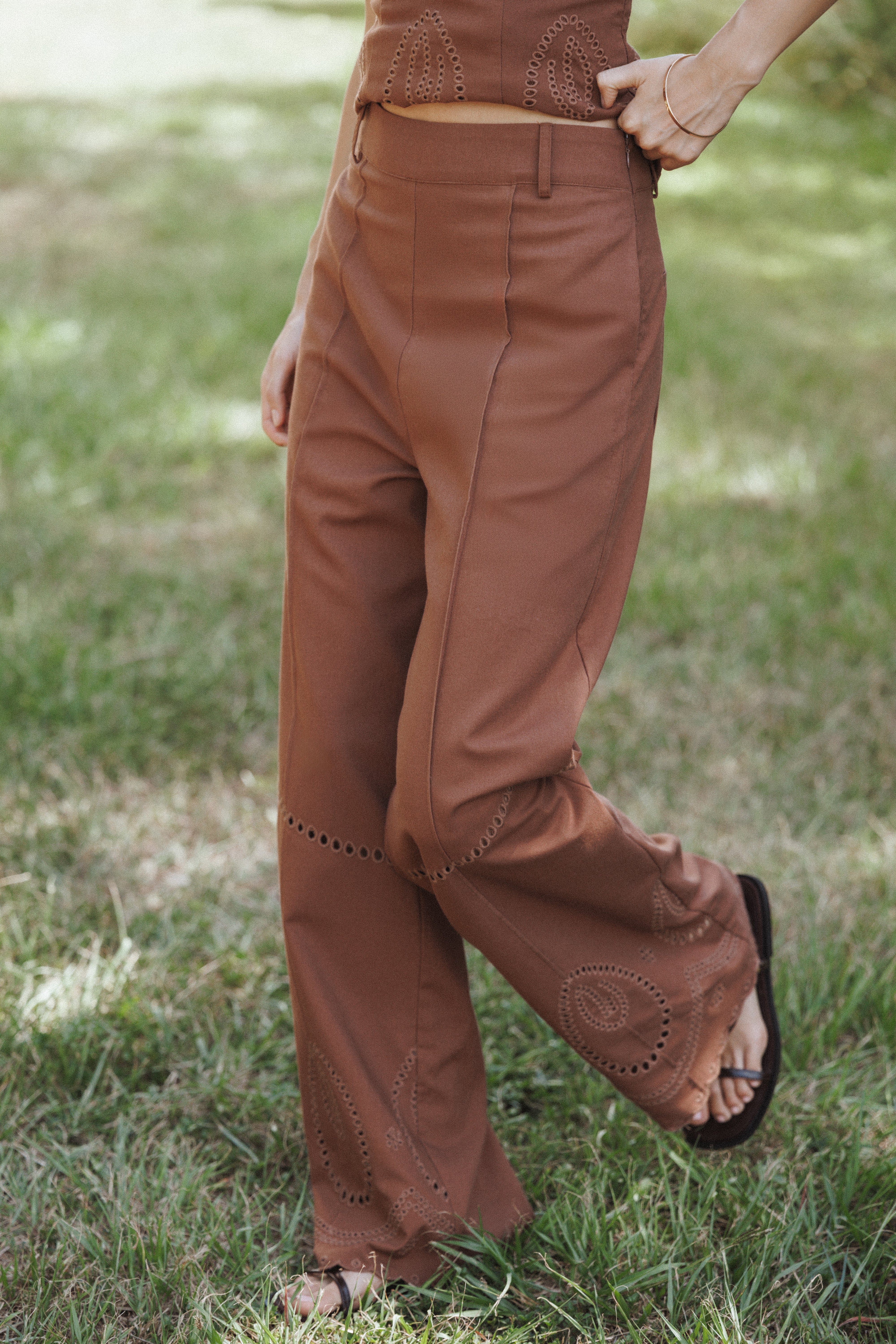 Dalia Eyelet Pant - Brown