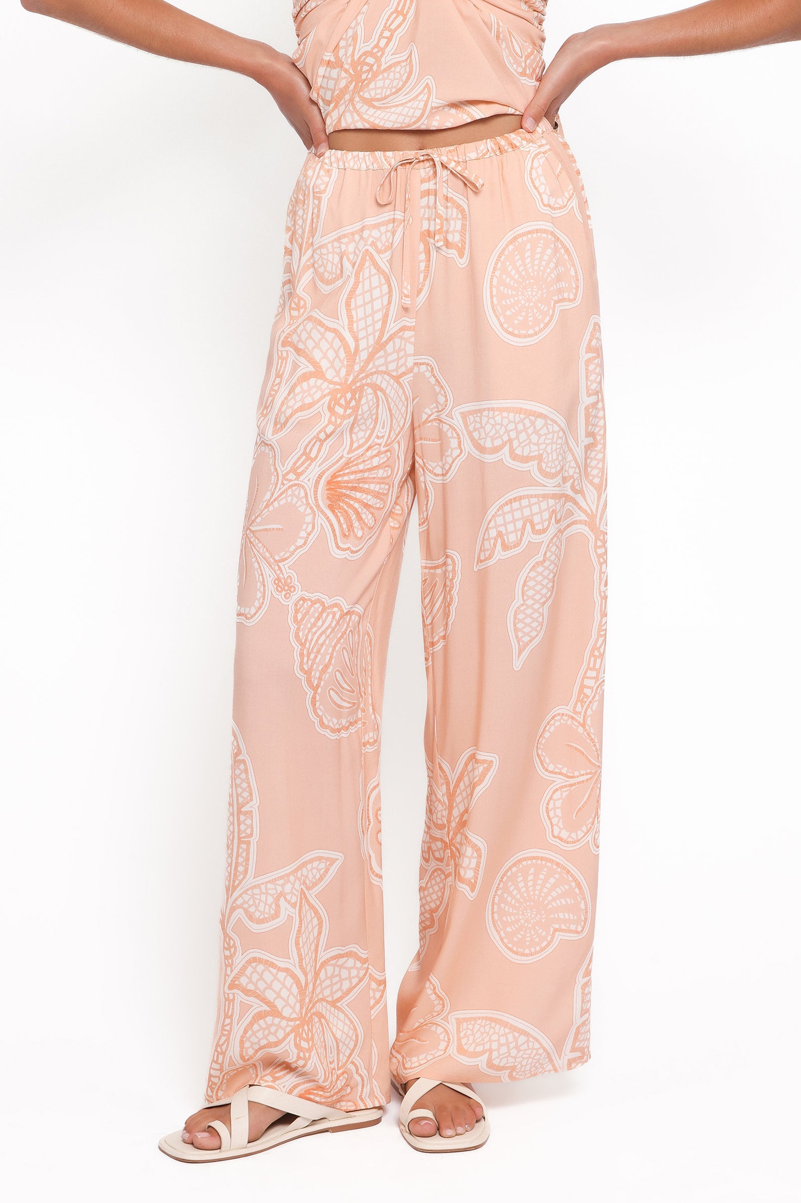 Lira Tie Waist Pant - Peach Floral