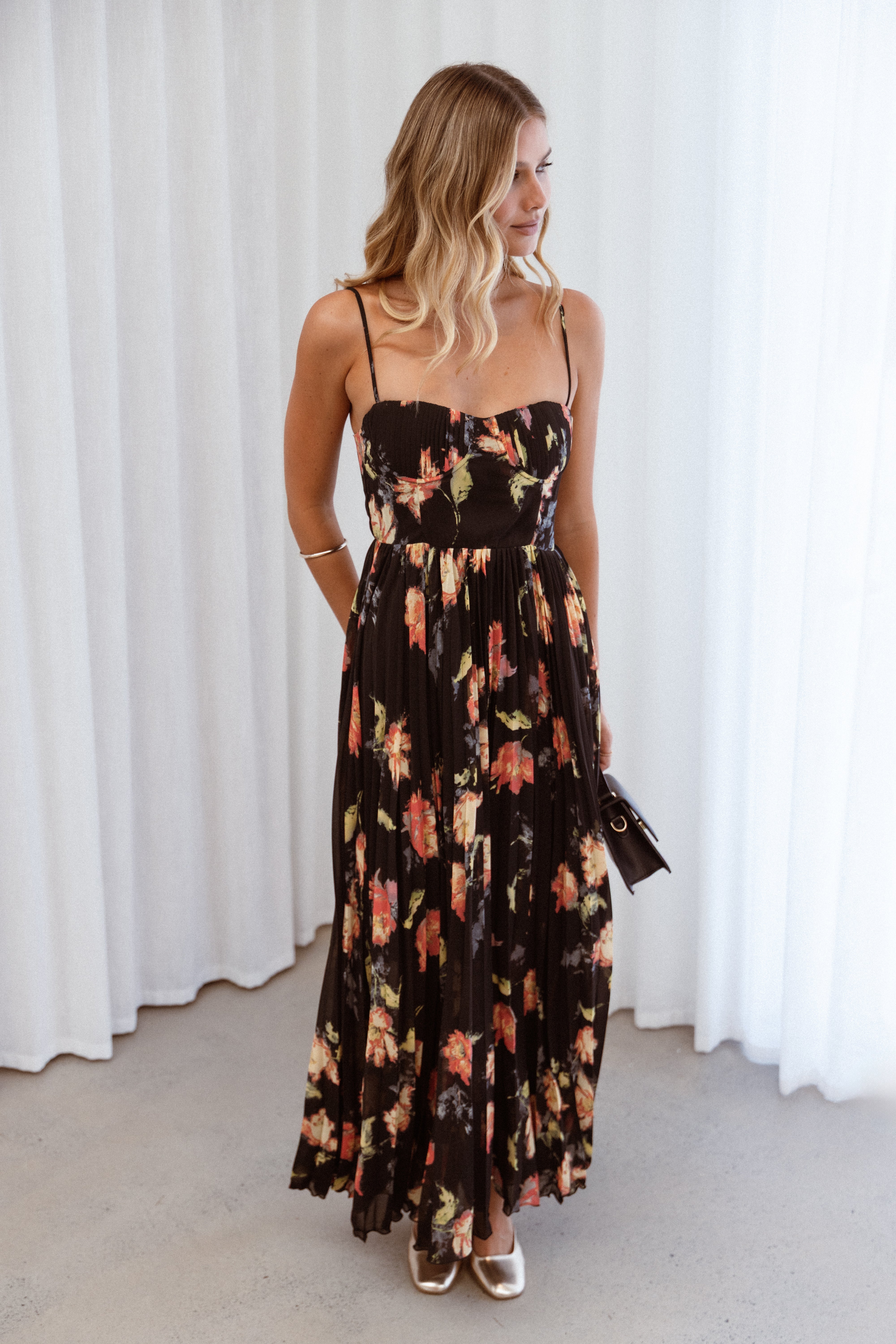 Achanti Pleated Maxi Dress - Black Multi