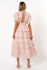 Daphne Ruffle Midi Dress - Pink Orange