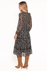 Edwina Shirred Frill Long Sleeve Midi Dress - Black Ditsy Floral