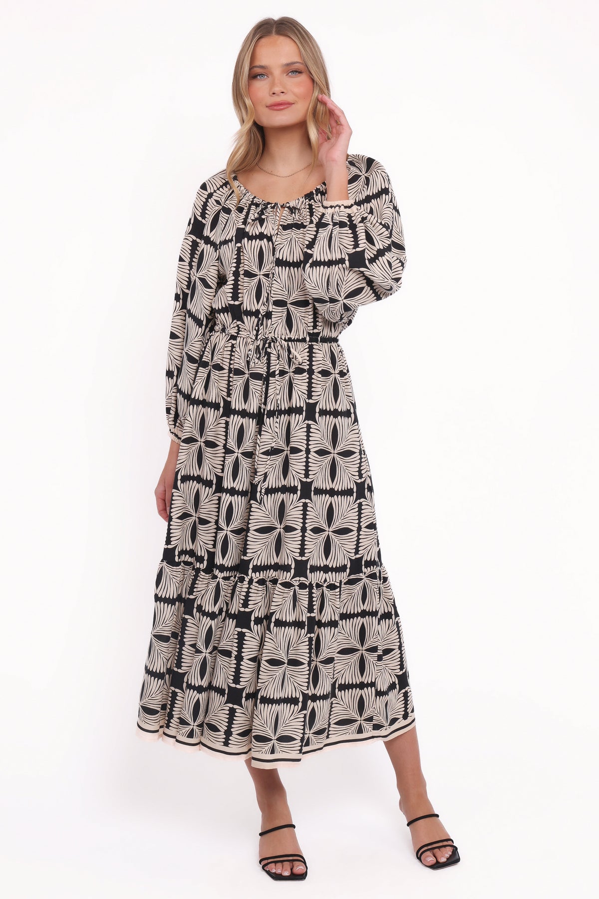 Faris Off Shoulder Midi Dress - Black Geo