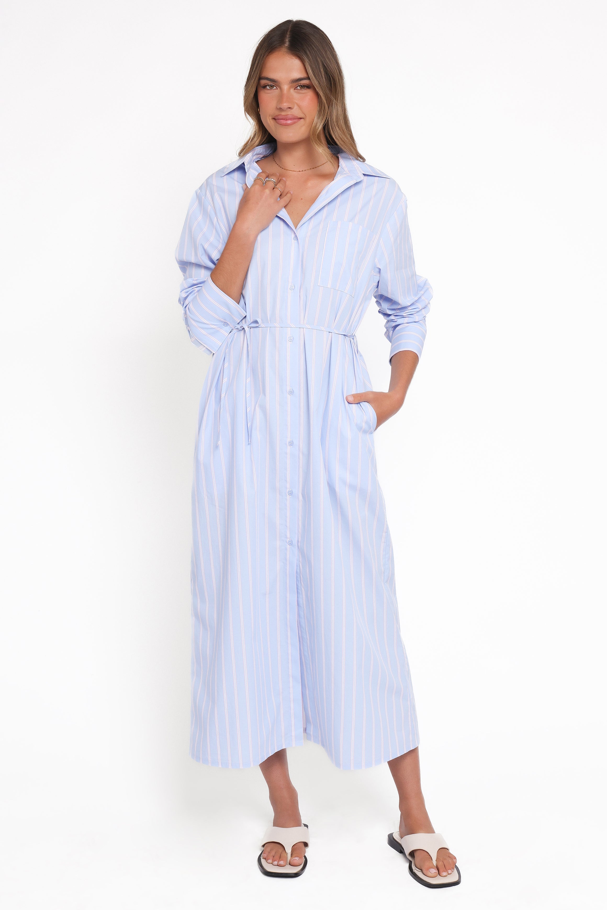 Harlan Long Sleeve Midi Dress - Blue Pink Stripe