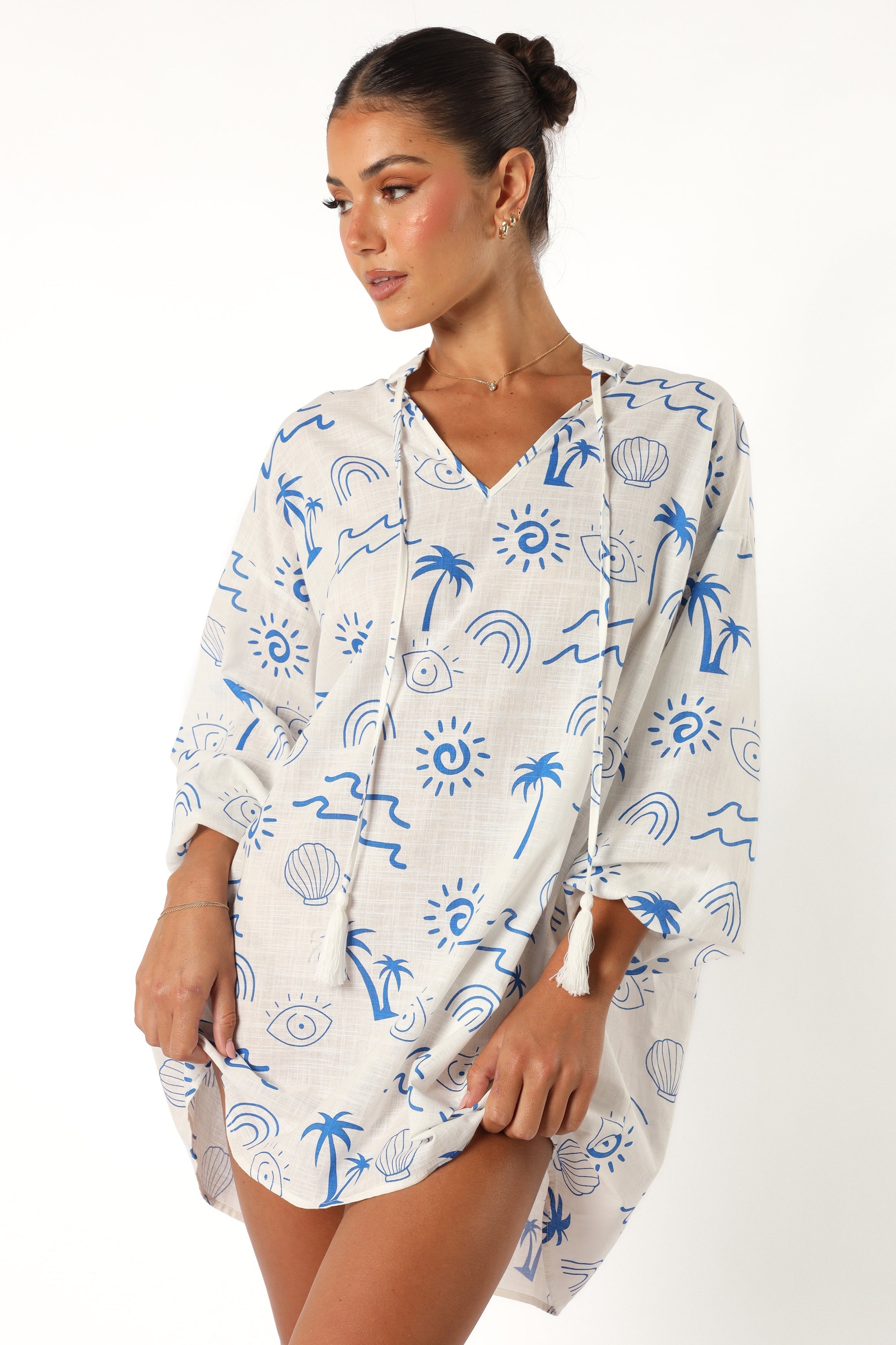 Laila Long Sleeve Linen Mini Dress - White Blue