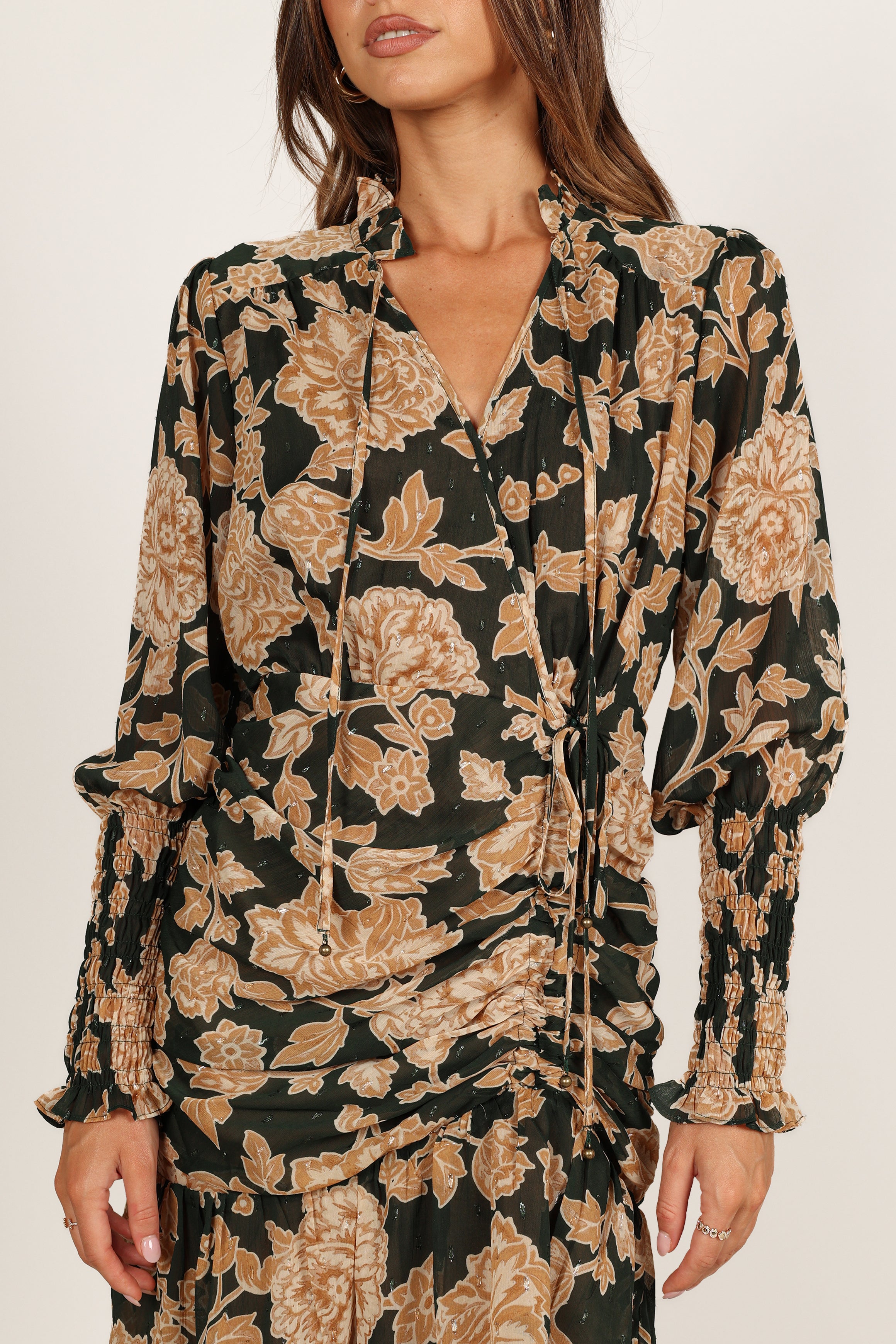 Micha Ruched High Neck Mini Dress - Pine/Gold