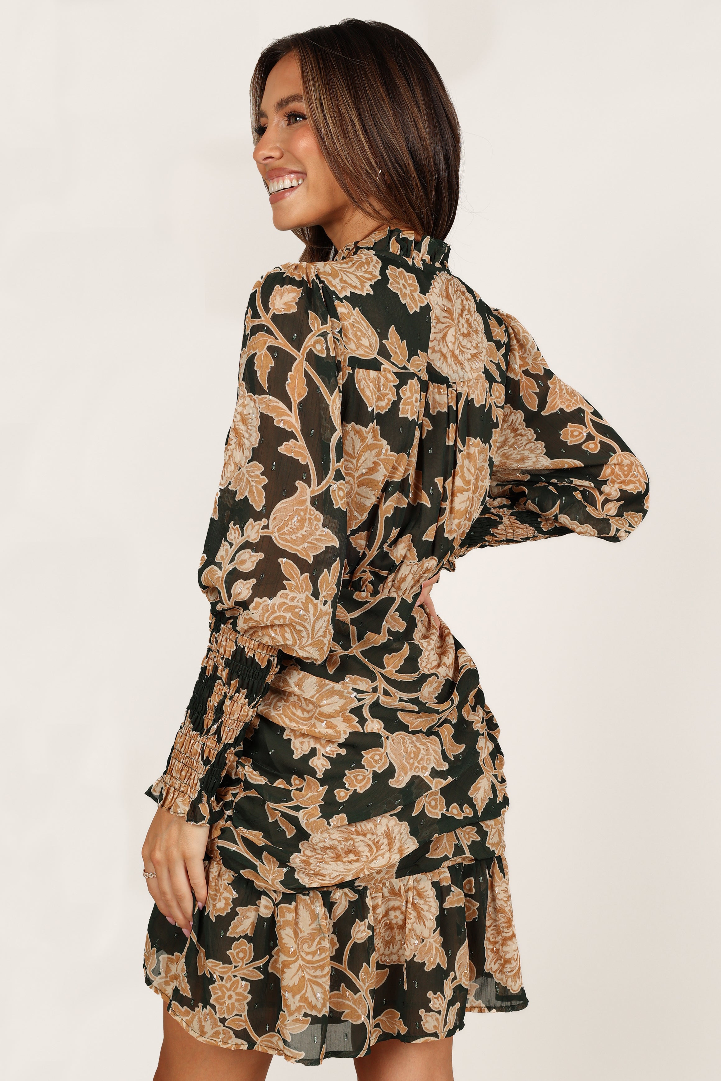 Micha Ruched High Neck Mini Dress - Pine/Gold