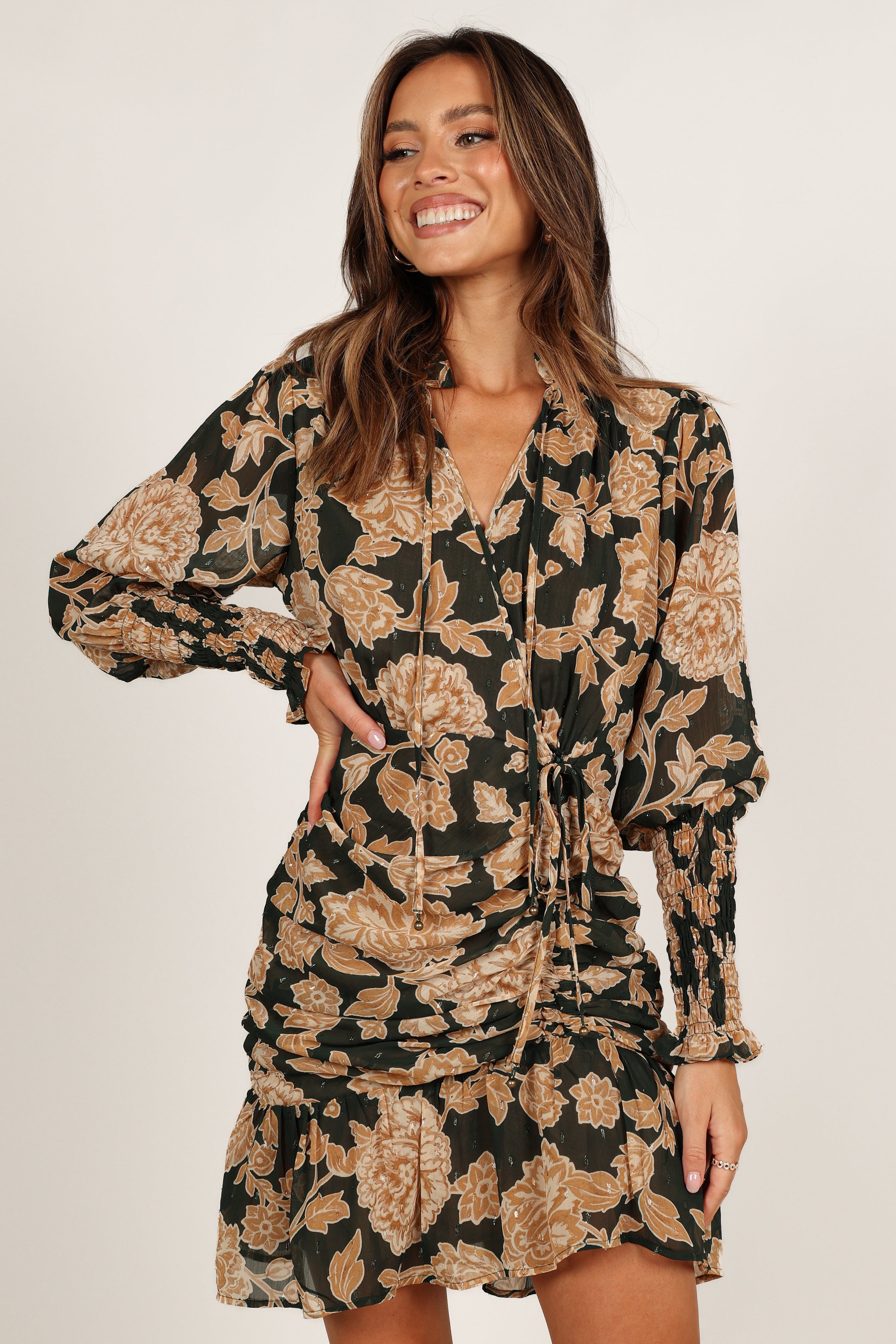 Micha Ruched High Neck Mini Dress - Pine/Gold