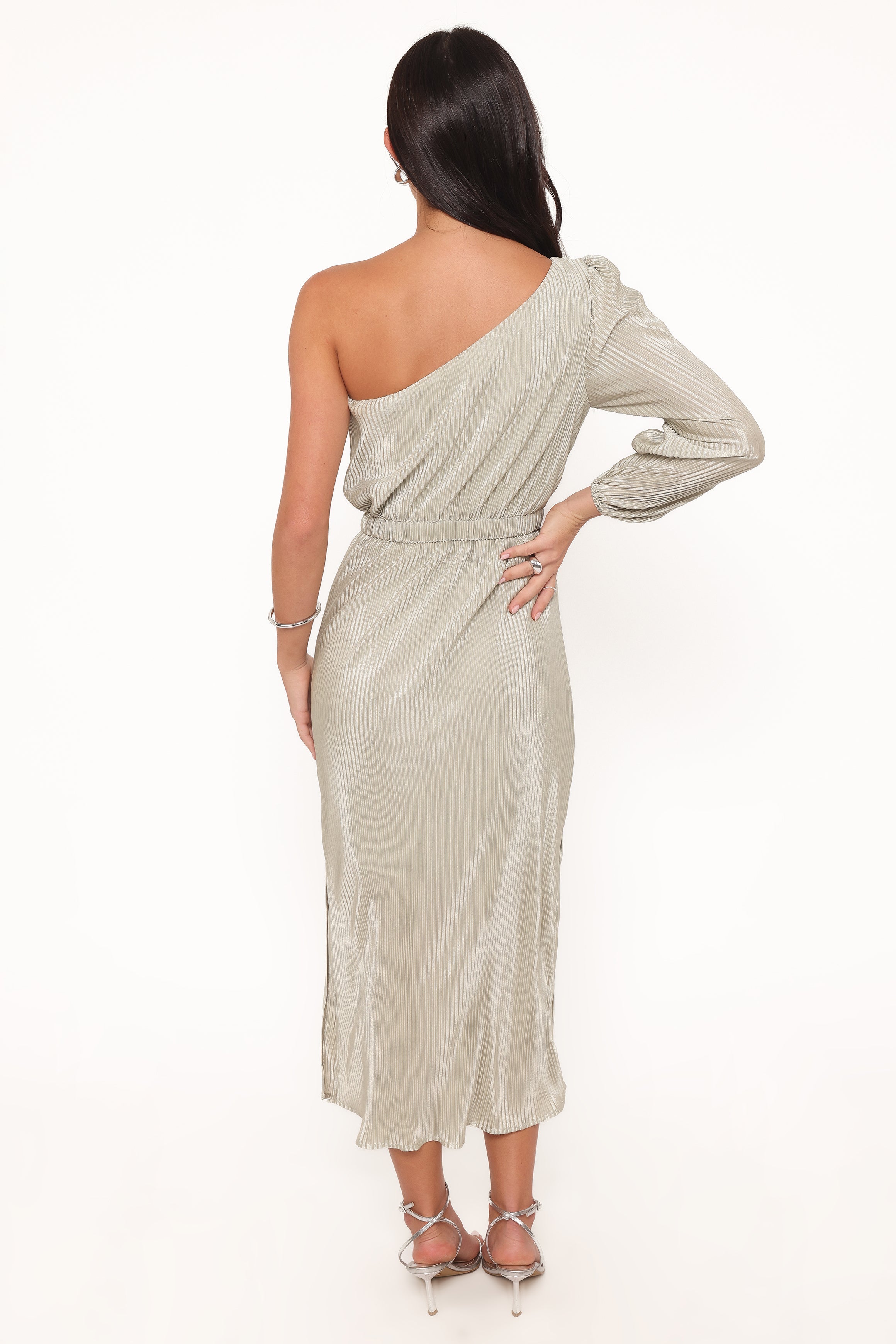 Pontee One Shoulder Pleated Midi Dress - Sage Green