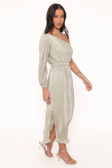 Pontee One Shoulder Pleated Midi Dress - Sage Green