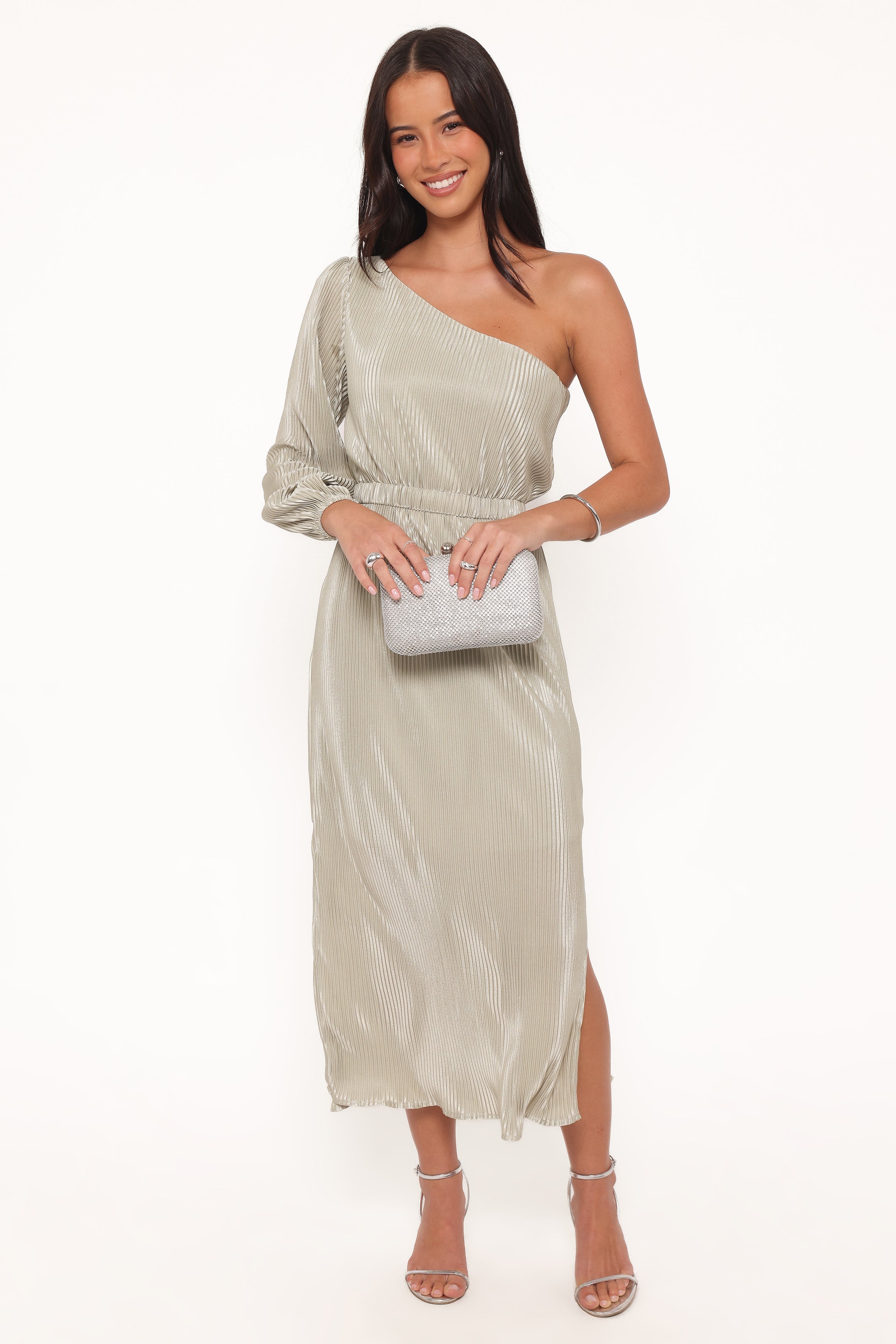 Pontee One Shoulder Pleated Midi Dress - Sage Green