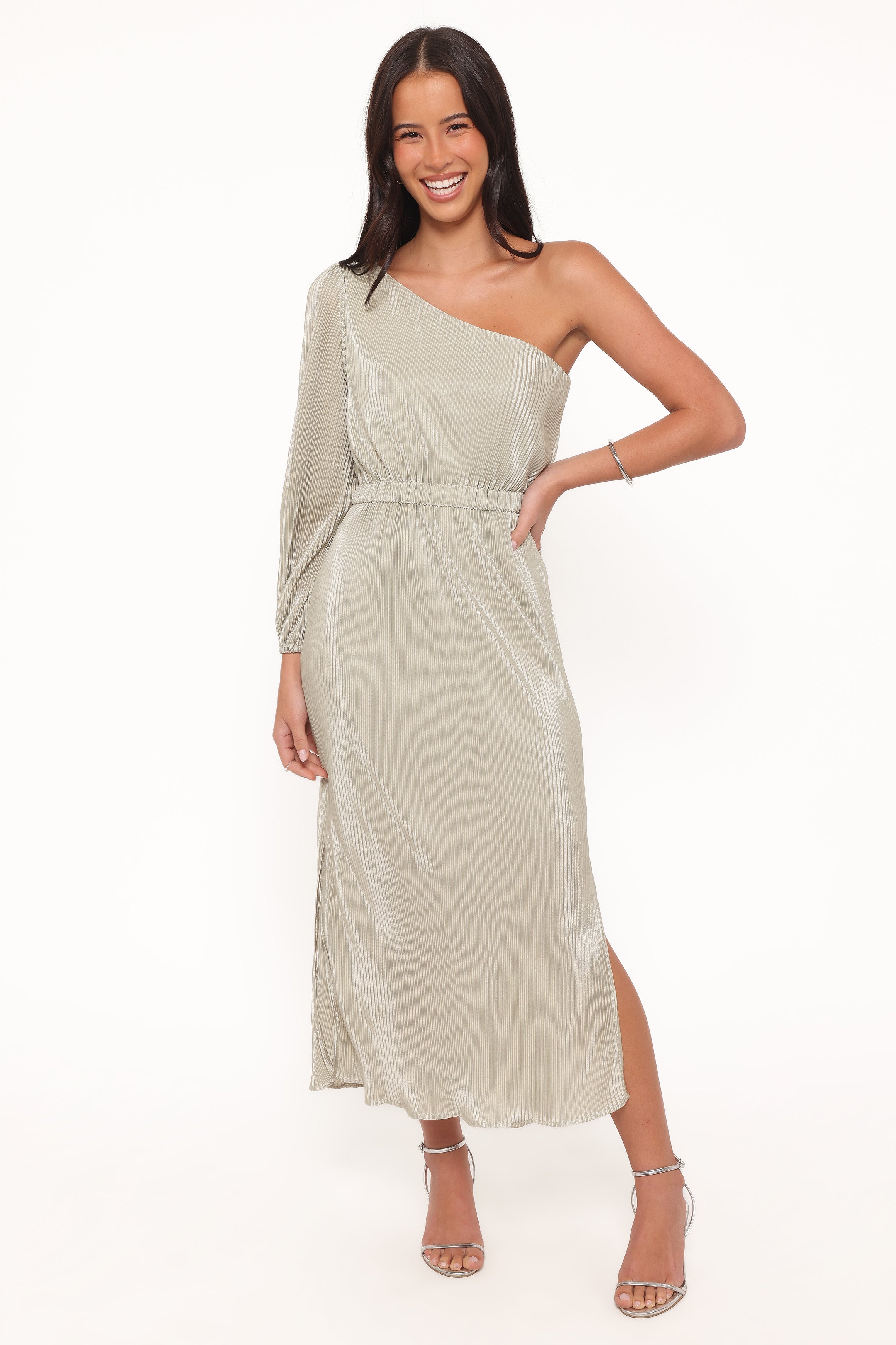 Pontee One Shoulder Pleated Midi Dress - Sage Green