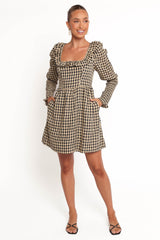 Xenia Mini Dress - Black/Beige Gingham