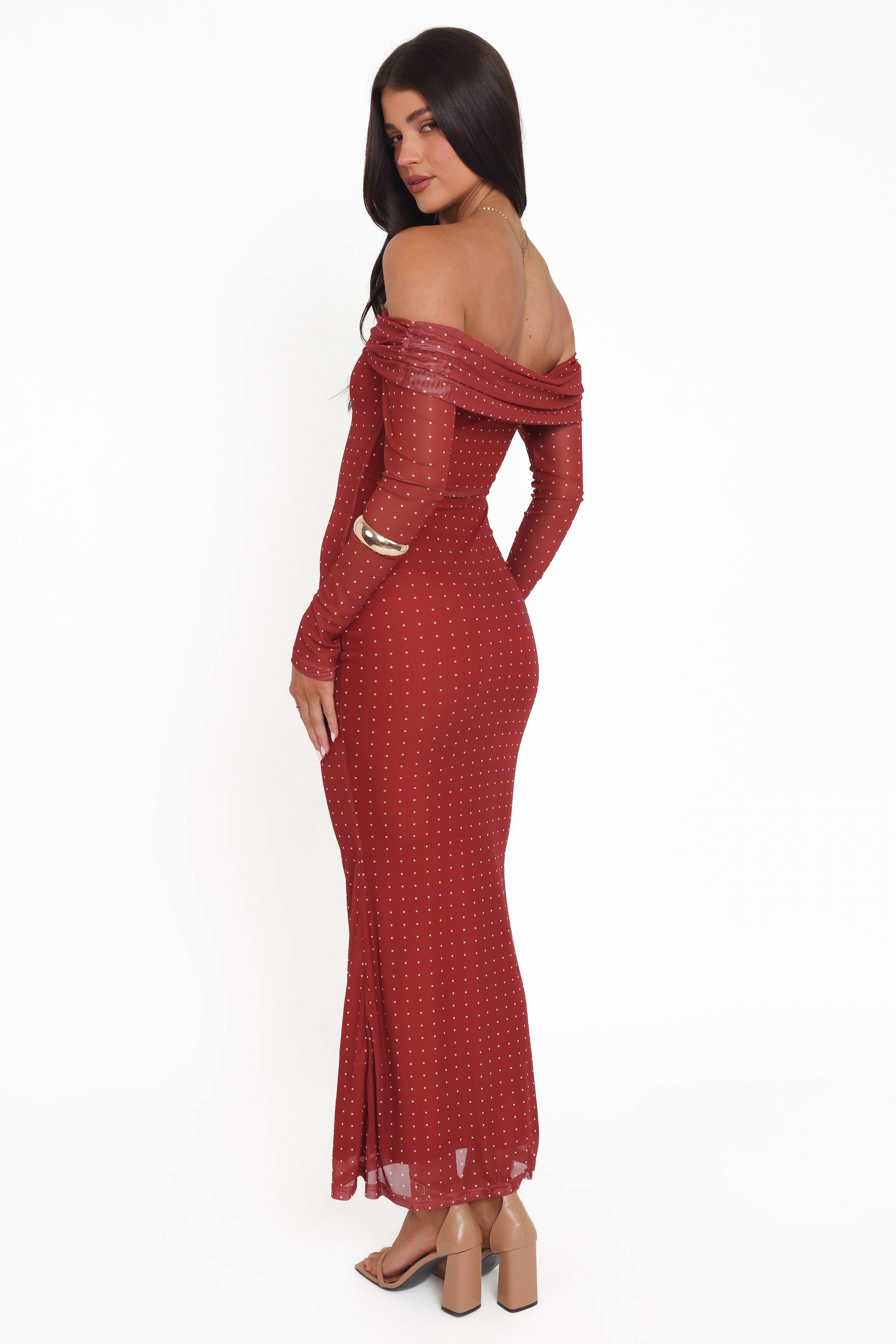 Zeva Off Shoulder Maxi Dress - Burgundy Spot