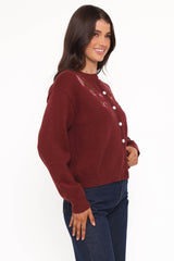Brittany Placed Embroidery Flower Cardigan - Burgundy