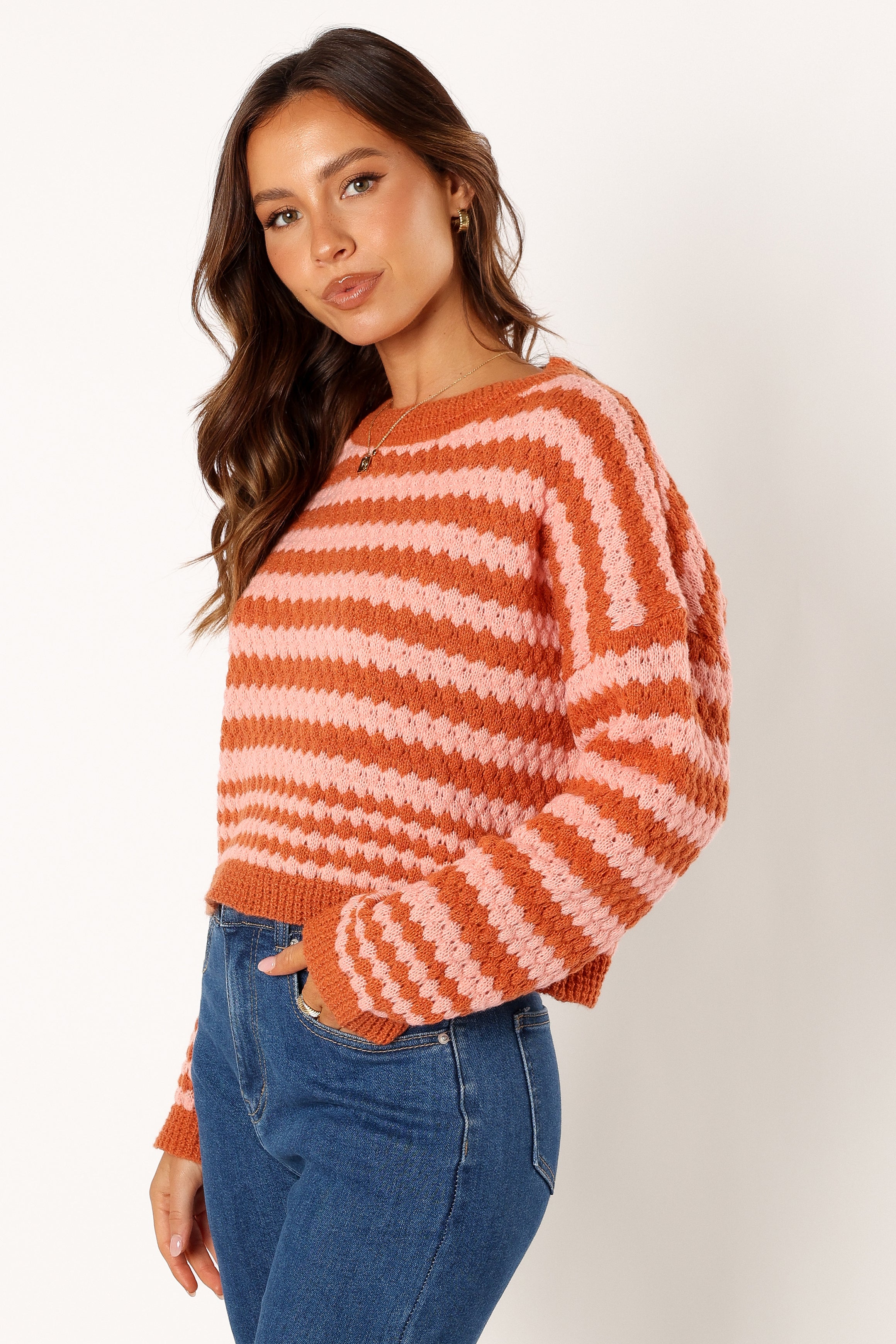 Yasmin Striped Crewneck Knit Sweater - Orange Pink