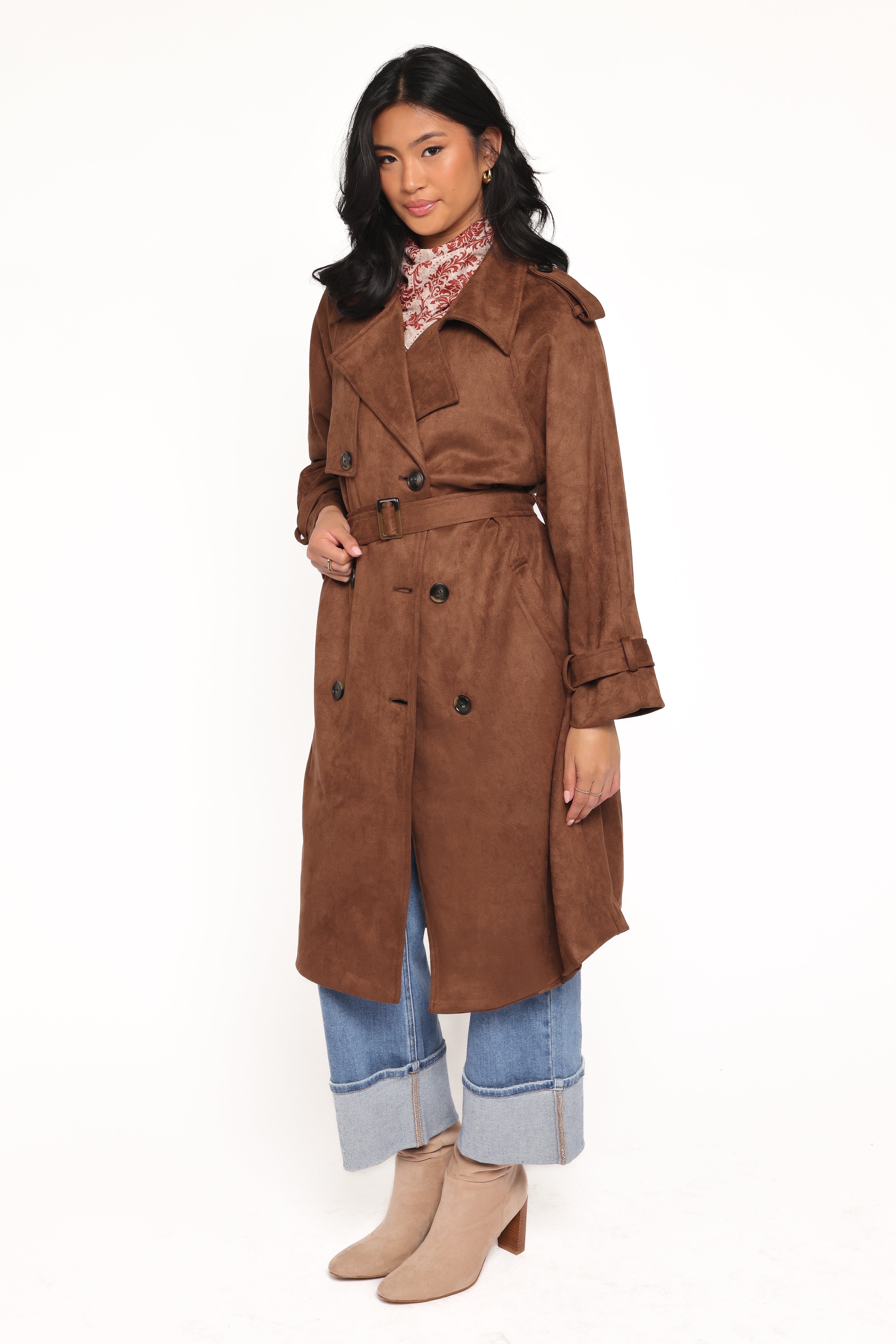 Micha Faux Suede Trench Coat - Brown