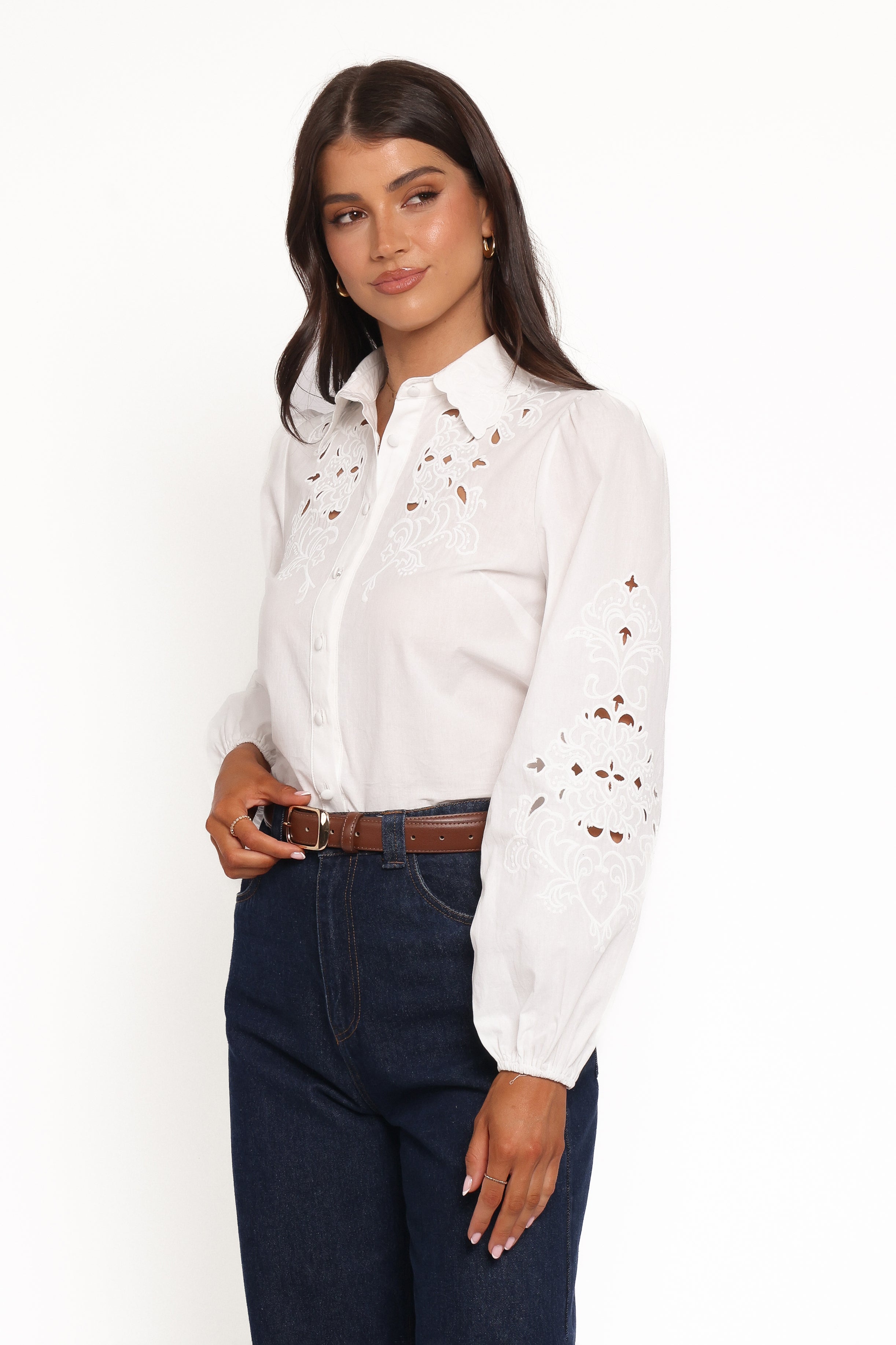 Aeloria Button Front Shirt - White Embroidery