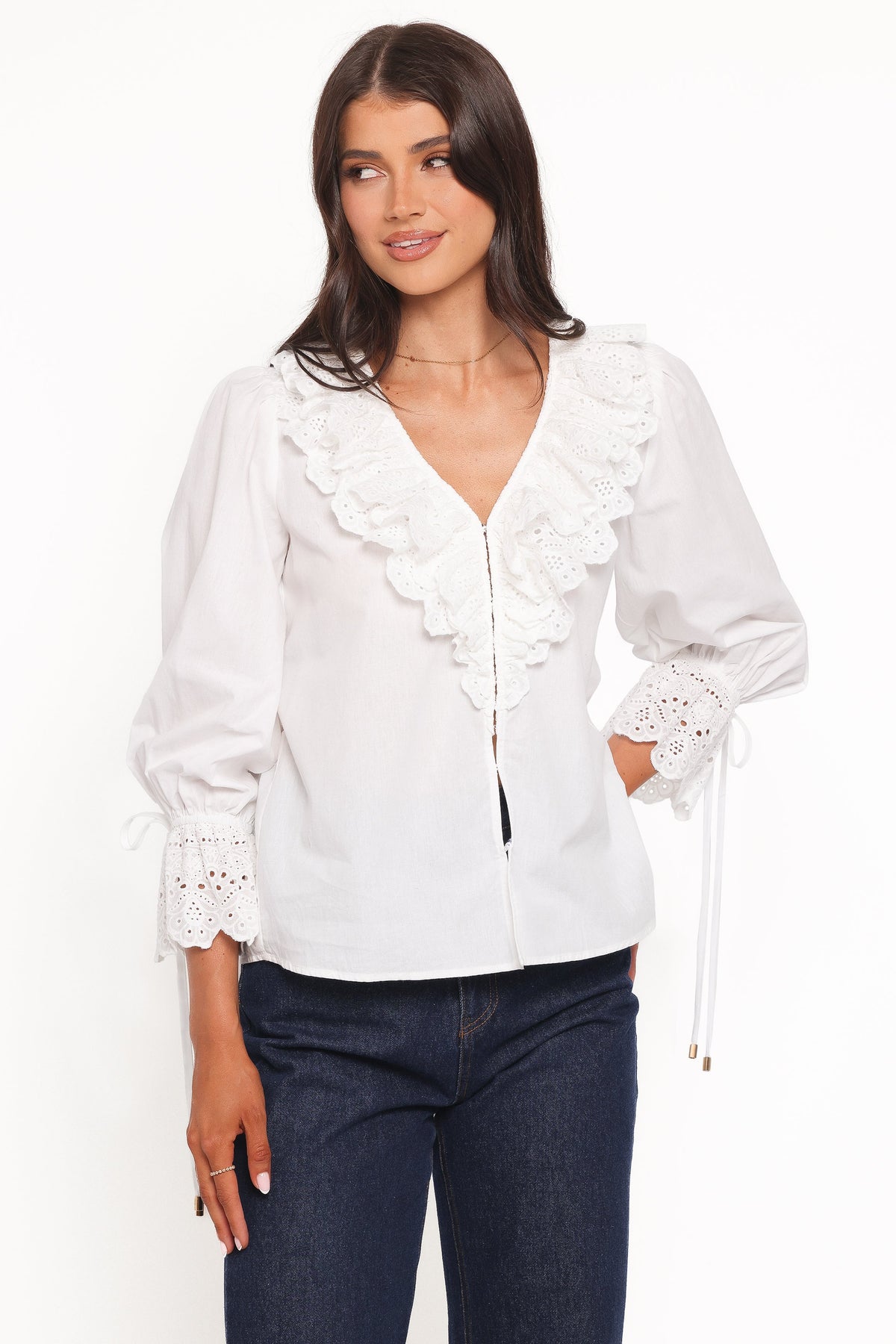 Aelwen Ruffle Blouse - White Embroidery