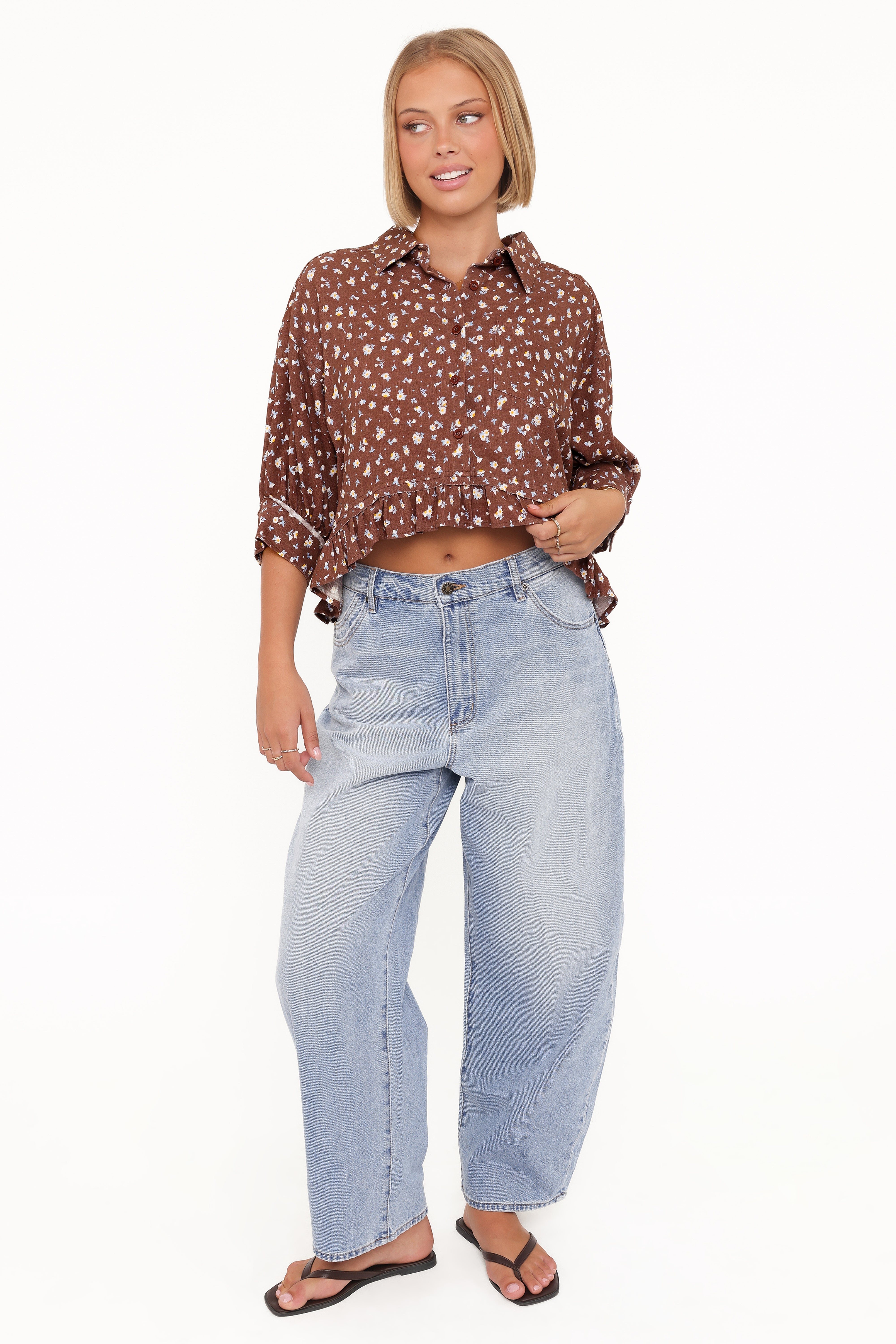 Ashe Cropped Button Up Top - Brown Floral