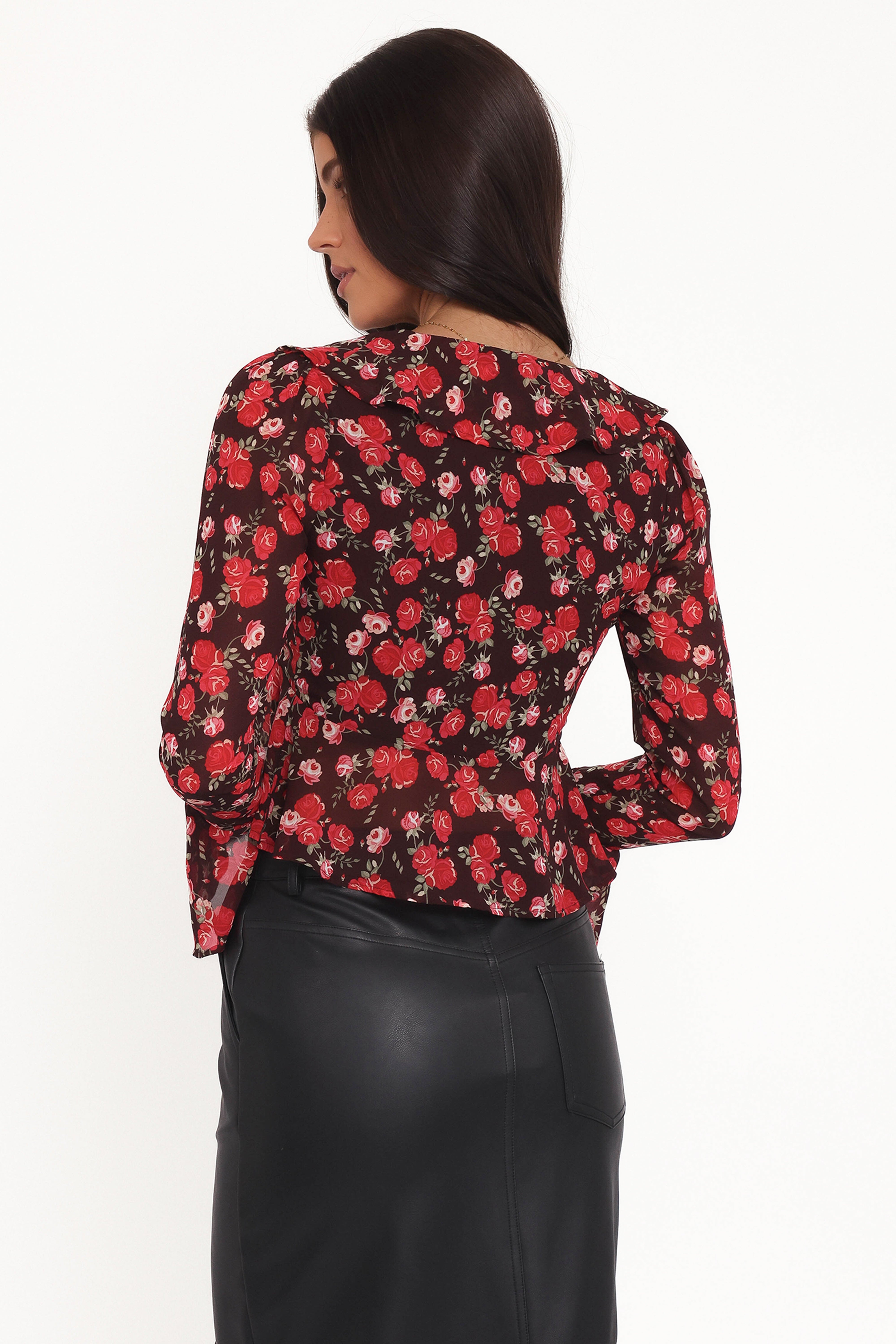 Aveline Chiffon Ruffle Front Top - Brown Floral