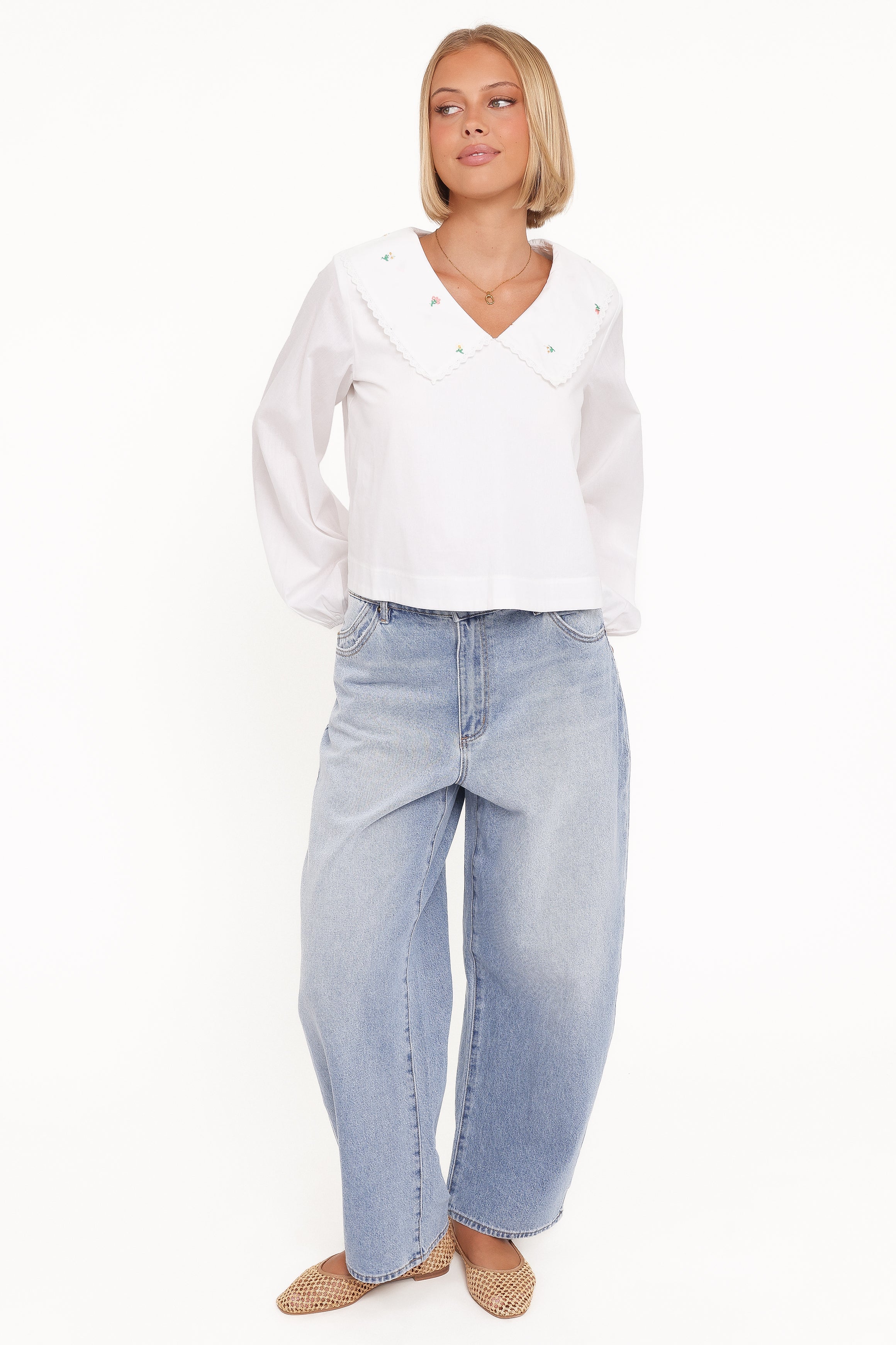 Kenna Embroidered Long Sleeve Top - White Floral