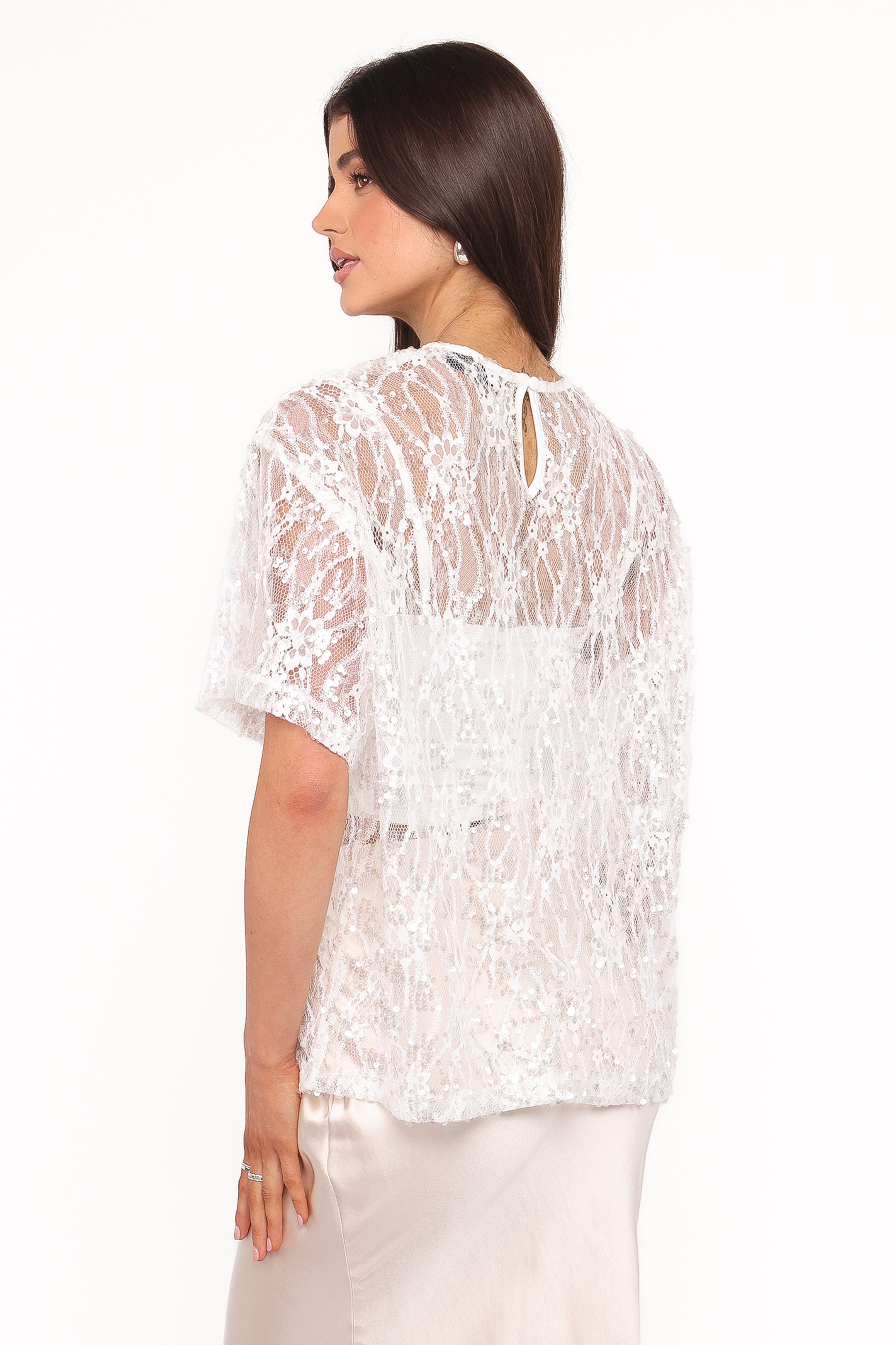 Yonder Sheer Lace Tee Top - White